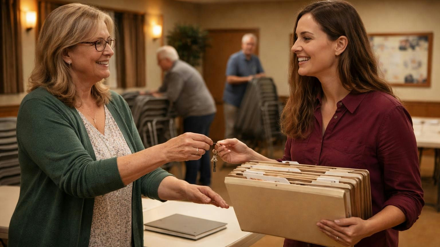 In a clubhouse after a meeting, neighbors stack chairs while the outgoing treasurer hands a key ring to a newly elected board member holding an accordion file