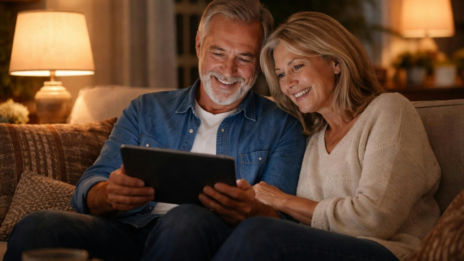 An older couple on a living-room couch in the evening, the husband holding a tablet while his wife leans in to look, a lamp glowing beside them