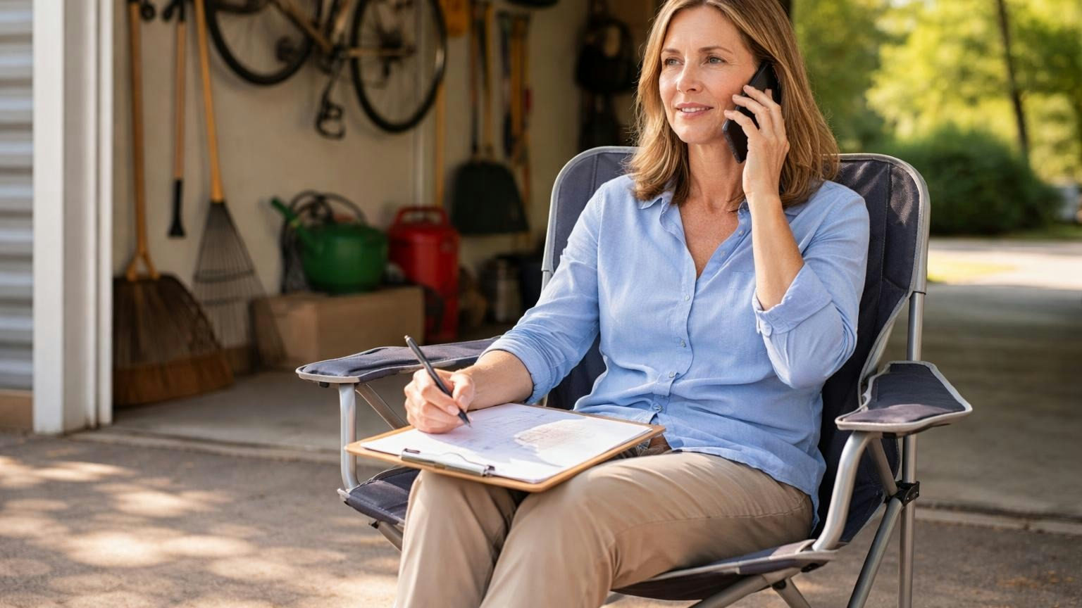 A board member in a lawn chair in her open garage on a Saturday morning making a phone call, a clipboard on her knee, a bicycle and garden tools behind her
