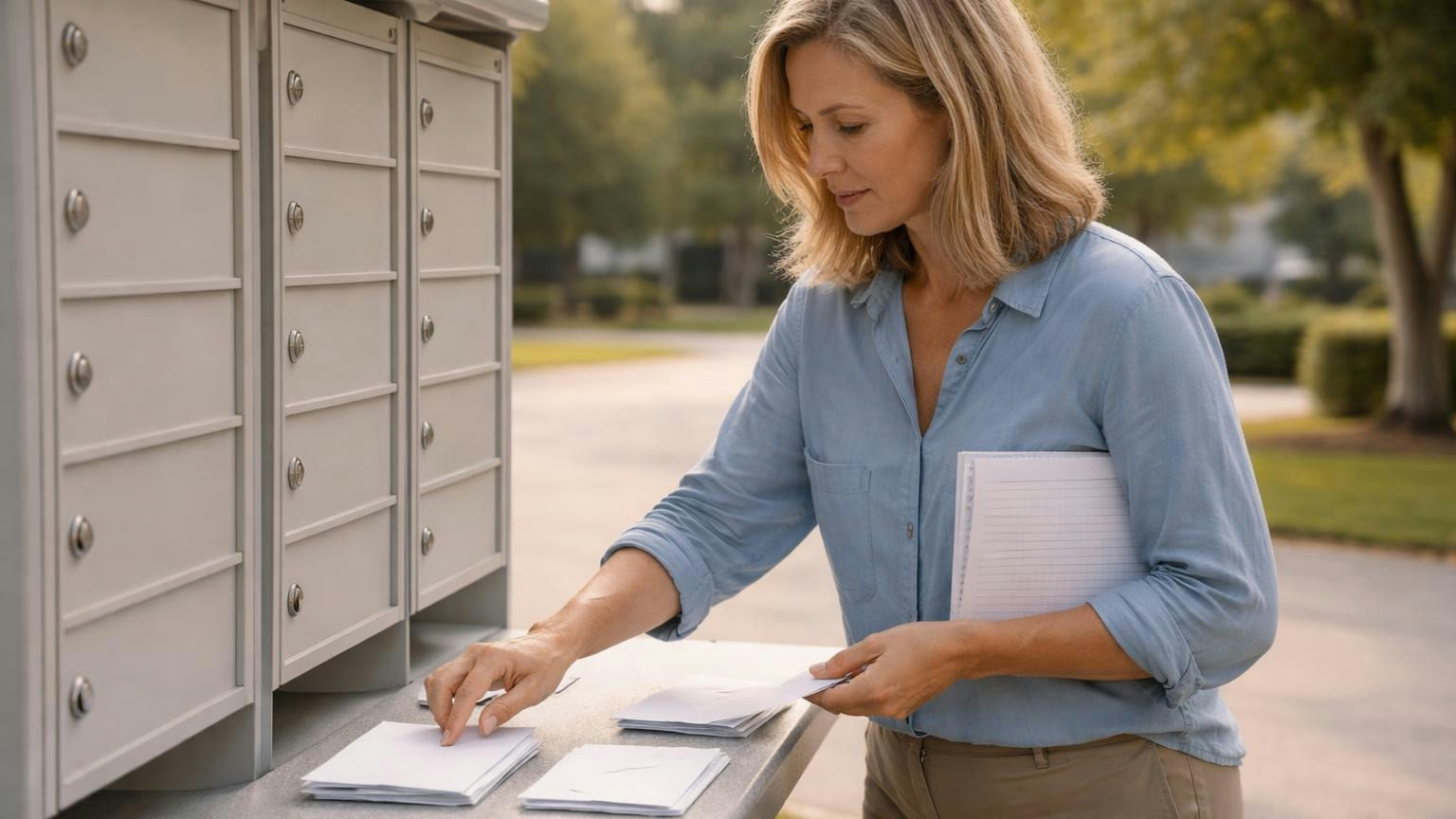 A board secretary at a community cluster mailbox kiosk on a Saturday morning sorting a few returned envelopes into piles on the ledge, a roster sheet under her arm