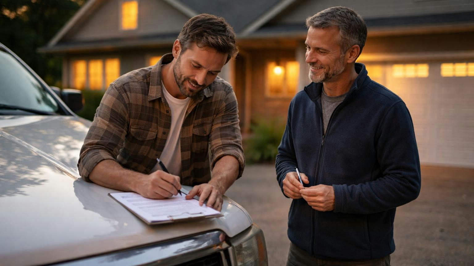A homeowner signs a single sheet on the hood of his car in his driveway at dusk while a board member in a fleece waits beside him holding a pen