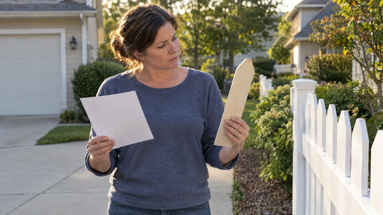 A homeowner on her driveway holds a letter and a sample fence picket, comparing the picket with a neighbor's finished white picket fence at the lot line