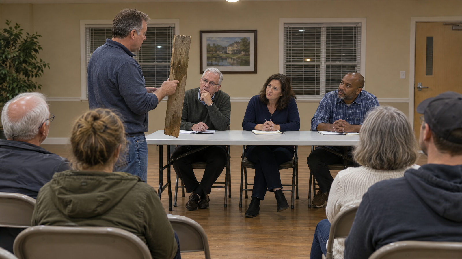 At an open board meeting in a clubhouse, a homeowner holds up one fence board to three seated board members while neighbors watch from folding chairs