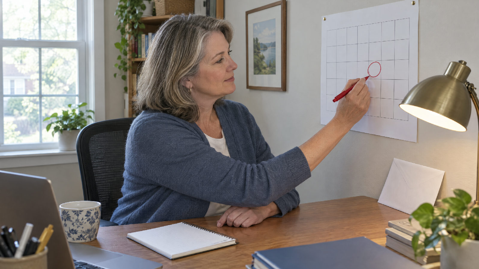 A committee member at a home office desk in the morning circling one date in red on a blank paper wall calendar, a sealed envelope propped against the lamp