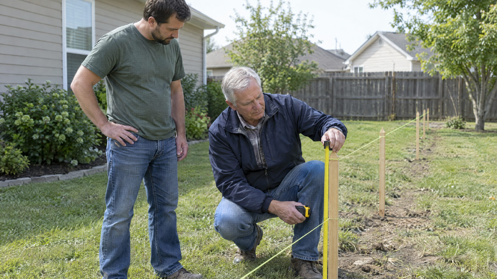 A homeowner and an architectural committee member at a backyard property line, the member crouched with a tape measure against a row of wooden stakes and string marking a planned fence