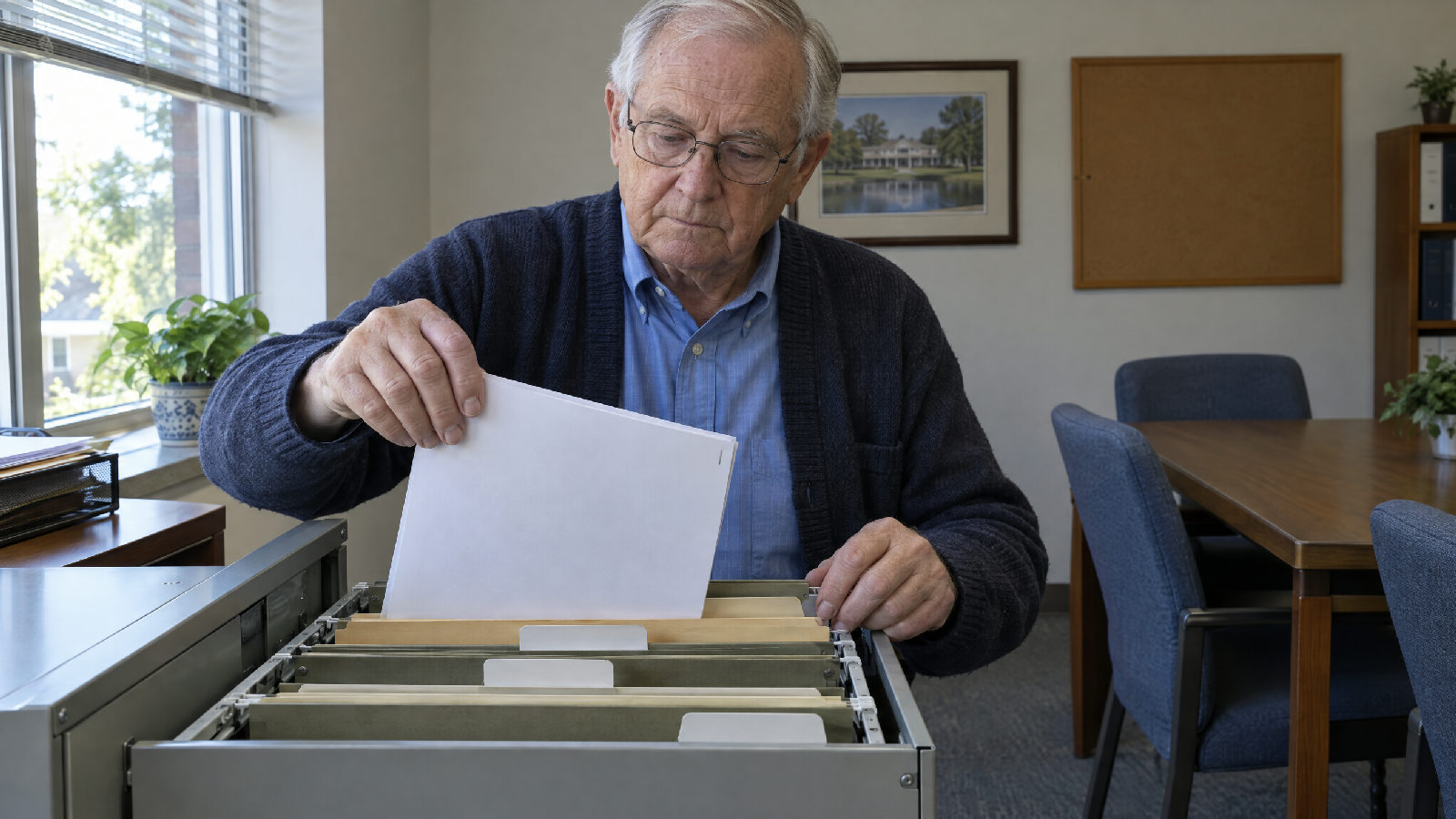 A board secretary placing a single stapled document into a hanging folder with a blank tab in an open file drawer in a small clubhouse office