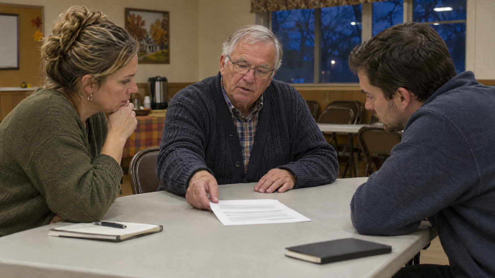 A volunteer treasurer at a folding table in a community clubhouse on an autumn evening, sliding a printed bank statement toward two neighbors on the board who lean in to read it.