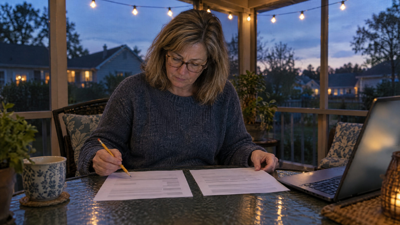 A board member on her screened back porch at dusk, a laptop beside her with its screen a soft out-of-focus glow, comparing two printed pages covered in soft grey bars, a pencil in her hand