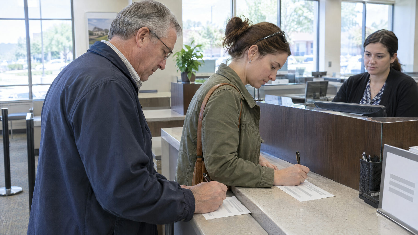 Two HOA board members side by side at a bank branch counter on a weekday morning, each signing the same withdrawal slip while a teller waits