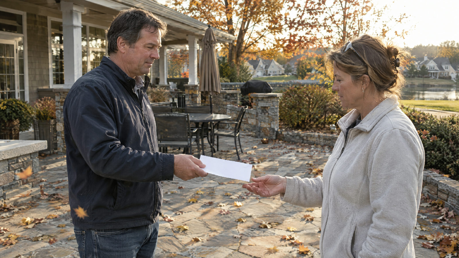 Two neighbors on a clubhouse patio in late afternoon, one handing the other an unopened bank envelope while autumn leaves drift across the flagstones