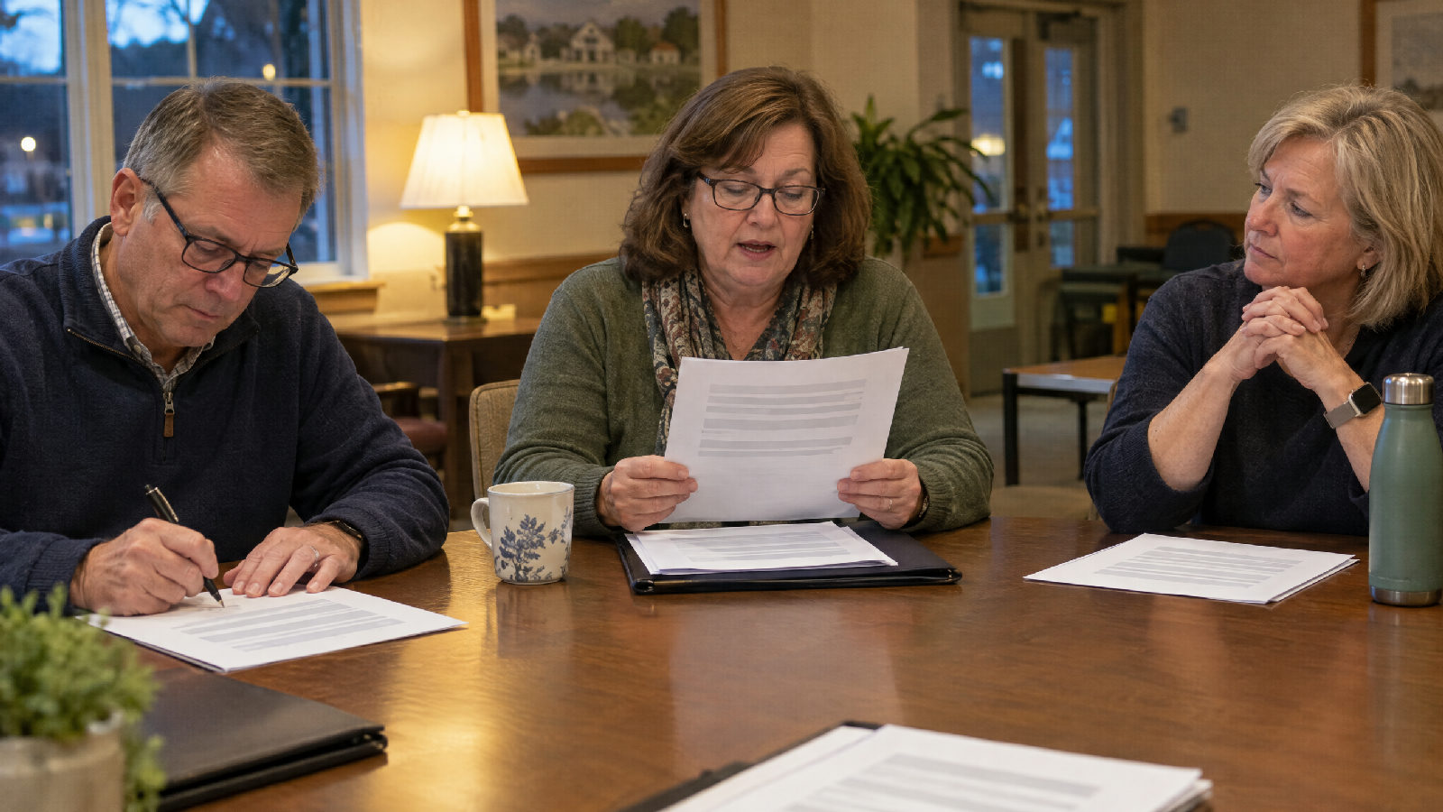 Three board members around a clubhouse table during a meeting, one reading aloud from the minutes while another nods and initials a printed page