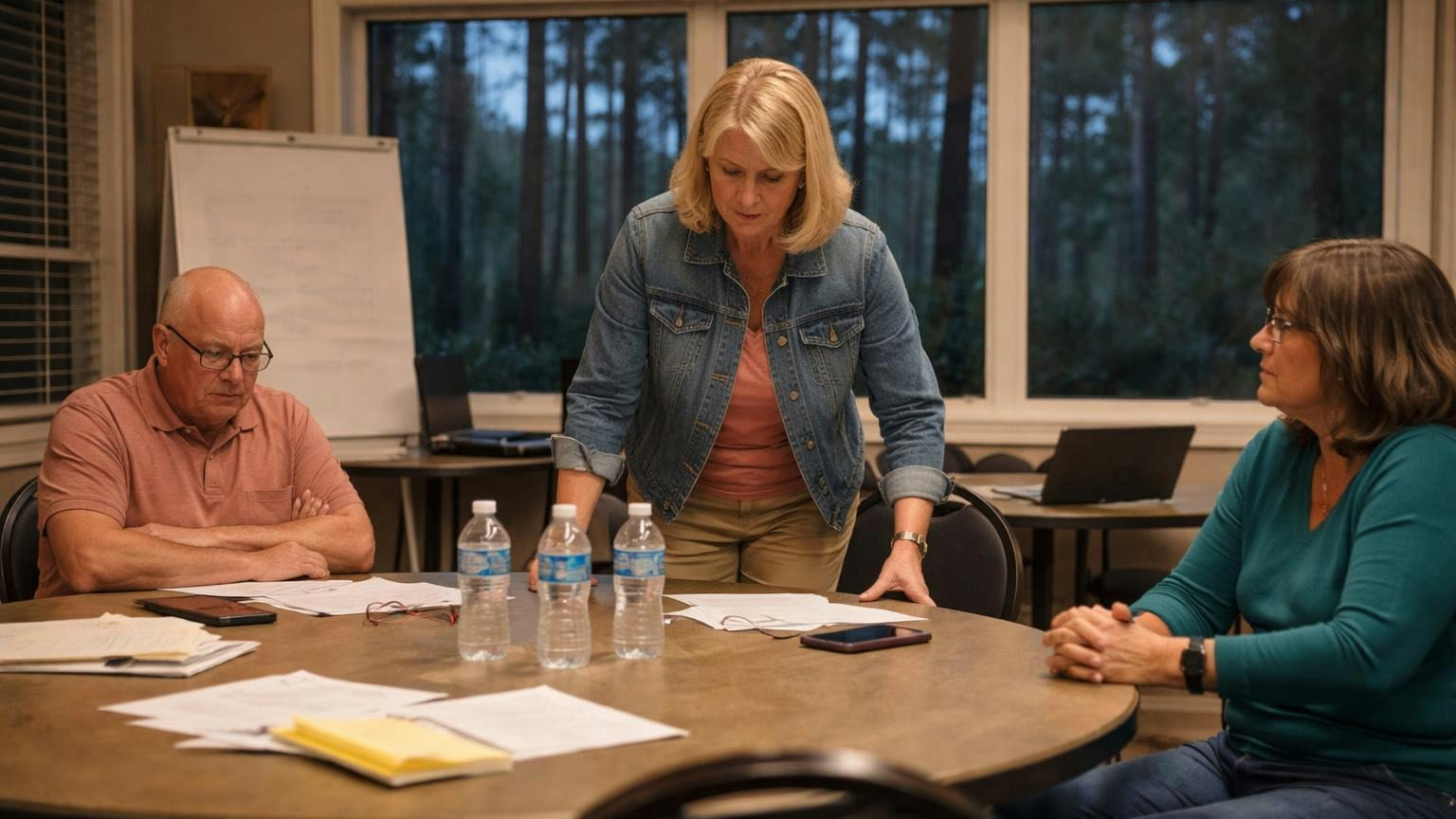 A board member standing and pushing in her chair at a round table in a small Carolina clubhouse on a weeknight while the two other directors stay seated and wait, tall pines through the window, no readable text