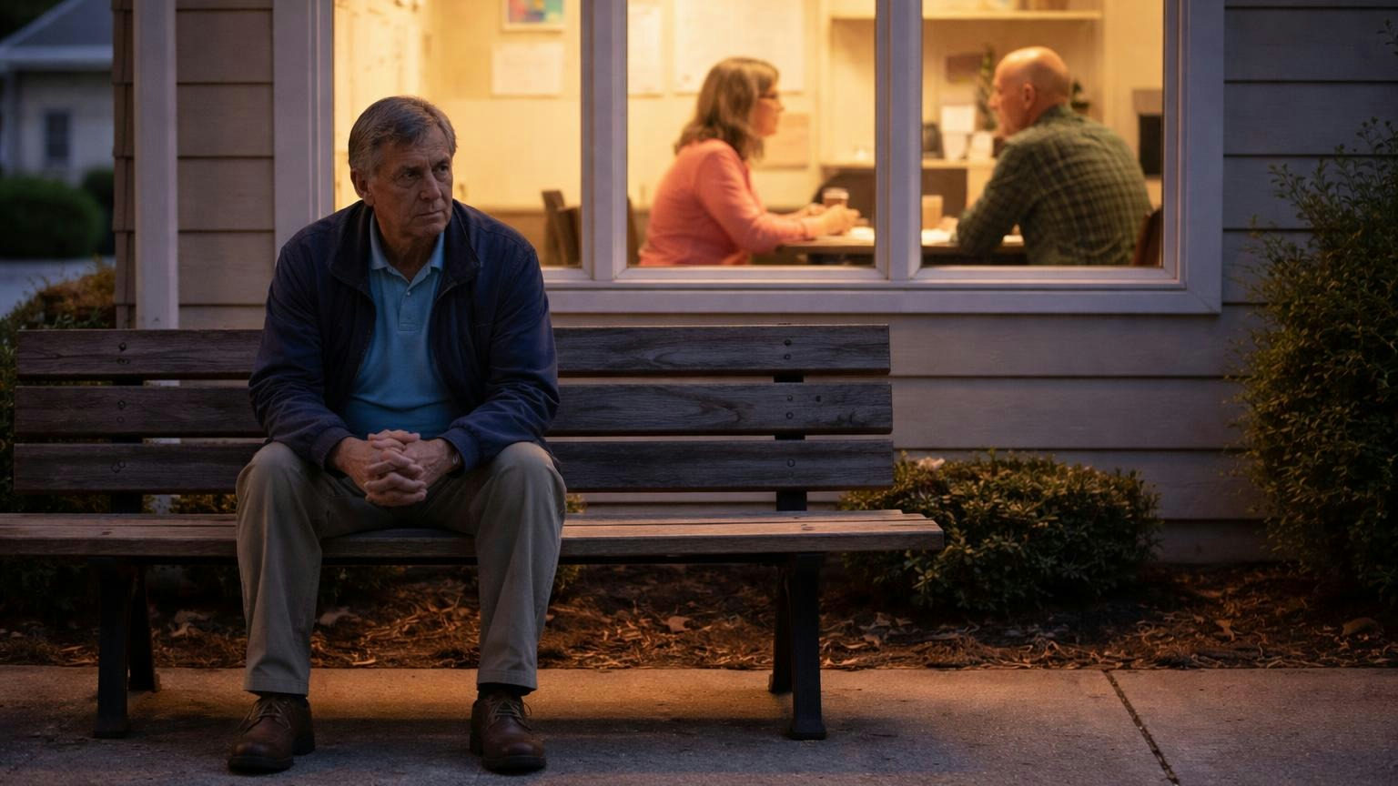 **Outside for one item.** The request gets the same review the street would get, without its owner in the room. A board member sitting alone on a bench outside a small community clubhouse at dusk, hands folded, while through the window behind him two committee members talk at a table, no readable text