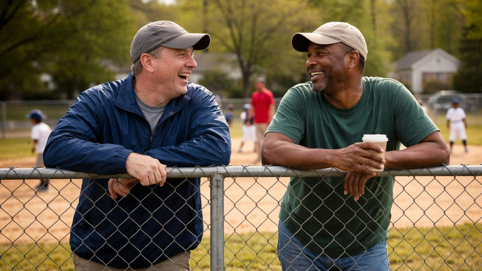 **Say it out loud.** A friendship may not be a conflict at all. Hiding it is what makes it look like one. Two fathers leaning on the chain-link fence along the first-base line at a Saturday youth baseball game, one in a plain coach's windbreaker laughing at something the other said, kids in plain uniforms warming up on the infield, no readable text