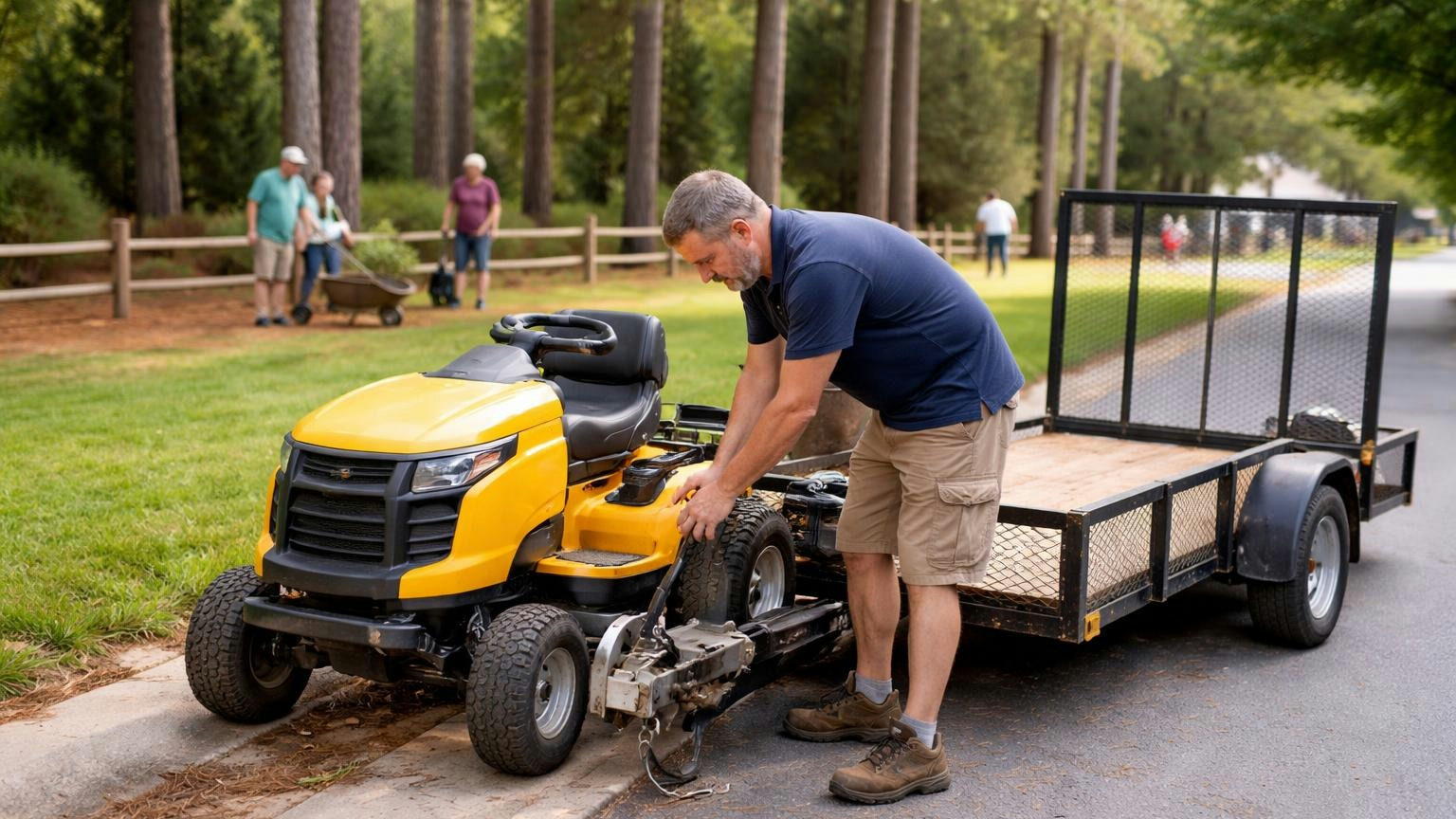 **The best bid may be his.** If he sits on a three-person board, it still needs both of the other directors. A man in a plain work polo unhitching a riding mower from a trailer at the curb beside a neighborhood common-area lawn on a weekday morning, tall pines and a split-rail fence behind him, no readable text