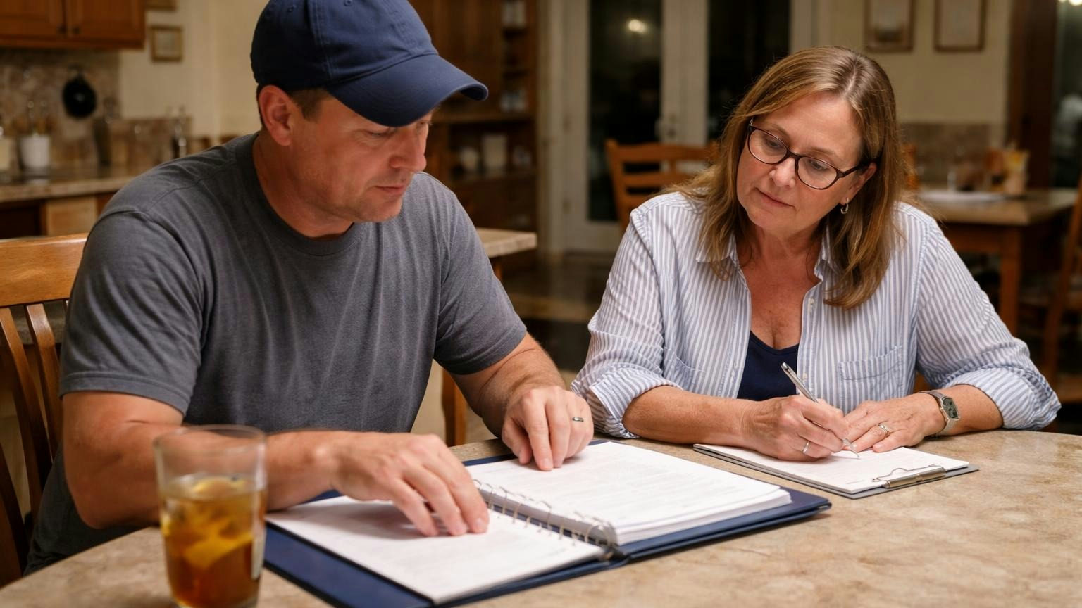 **Written for a neighbor to read.** Record the disclosure as if an owner will open the minutes, because one might. A homeowner in a ball cap sitting across a kitchen table from the board secretary on a weekday evening, turning the pages of a slim three-ring binder that lies flat so only blank page edges show, iced tea beside them, no readable text