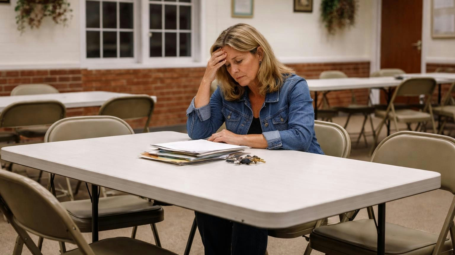 A lone board member at a clubhouse folding table on a weeknight, empty chairs around her and a stack of folders and a ring of keys in front of her, rubbing her forehead