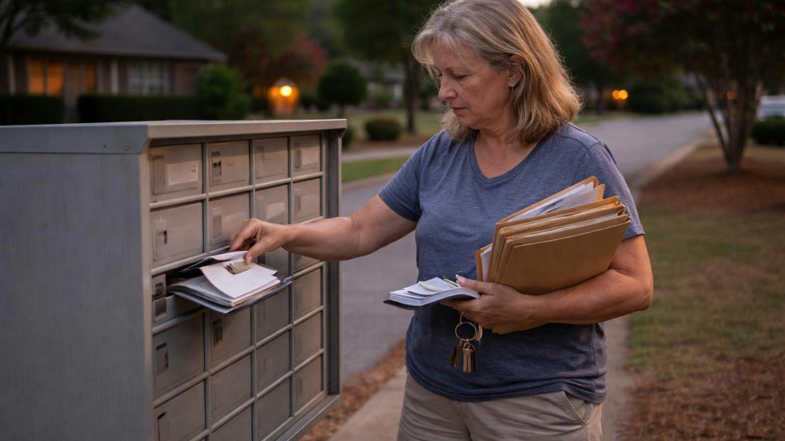 A woman in her fifties at a neighborhood mailbox cluster at dusk, a ring of keys and a checkbook in one hand and a stack of folders balanced on her hip as she sorts the association's mail, quiet street behind her, no readable text