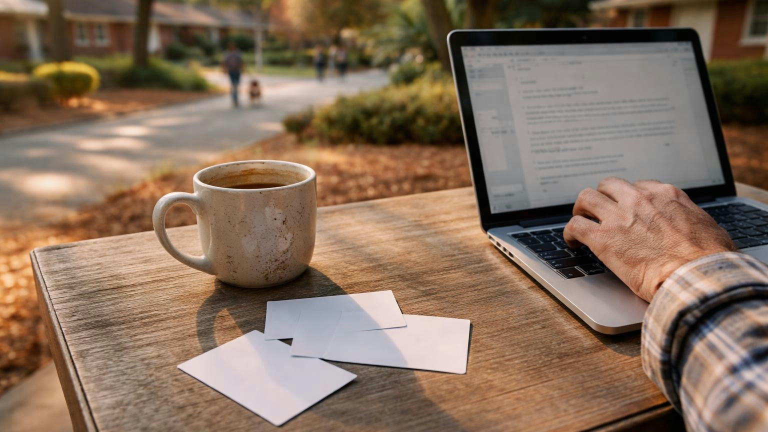 Three blank business cards fanned out on a desk beside an open laptop and a mug of tea, a hand resting on the keyboard mid-email, warm afternoon light, no readable text