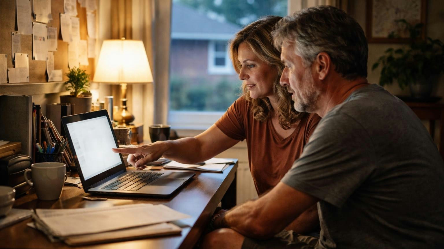 A man and a woman sit side by side at a small home office desk in the evening, both looking at one laptop whose screen is a soft out-of-focus glow, she points at the screen while he reads, no readable text