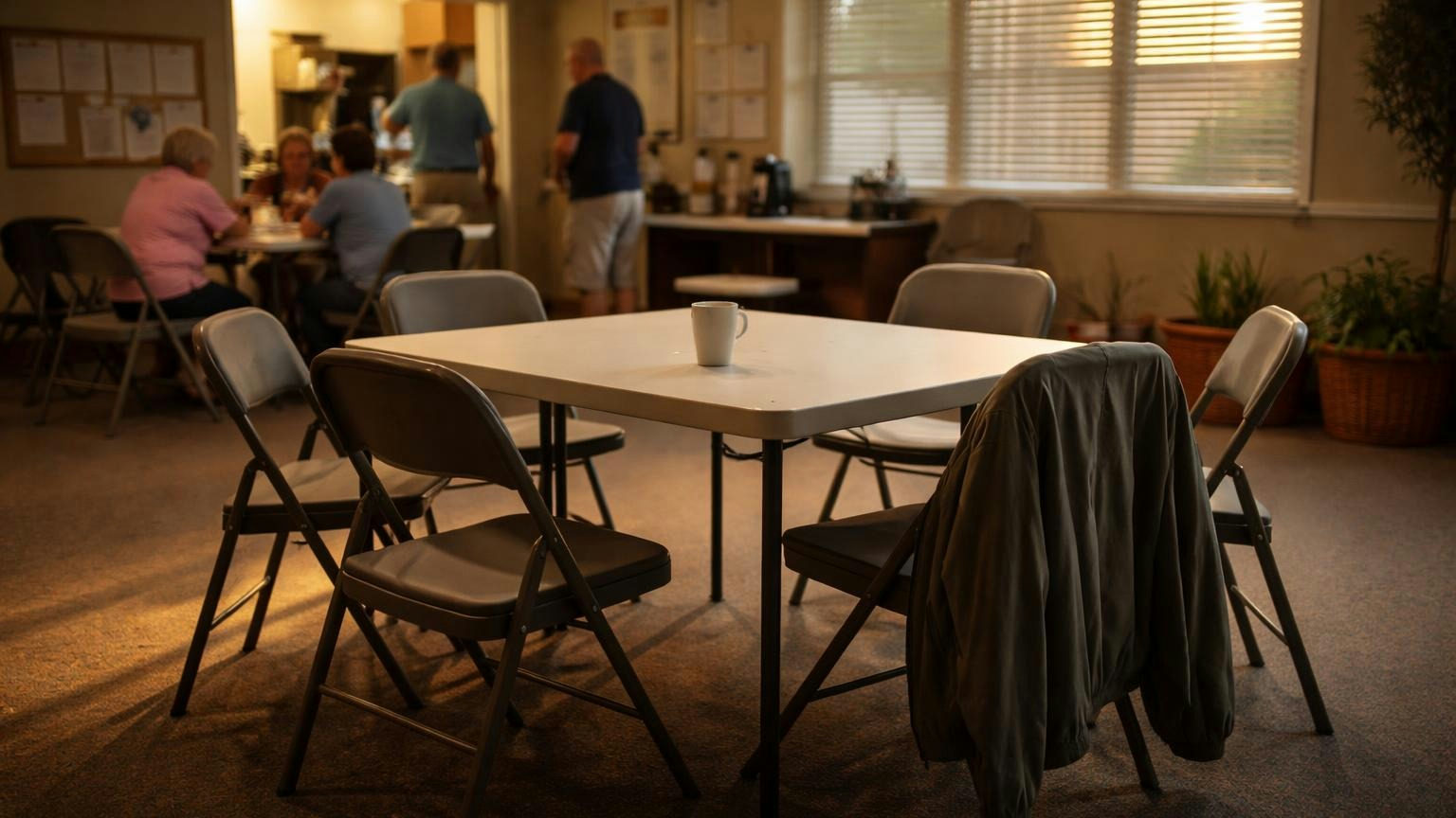 Five chairs around a folding table in a community clubhouse, four of them empty and one pulled out with a coat draped over it, a single coffee cup on the table, soft evening light through blinds, no readable text