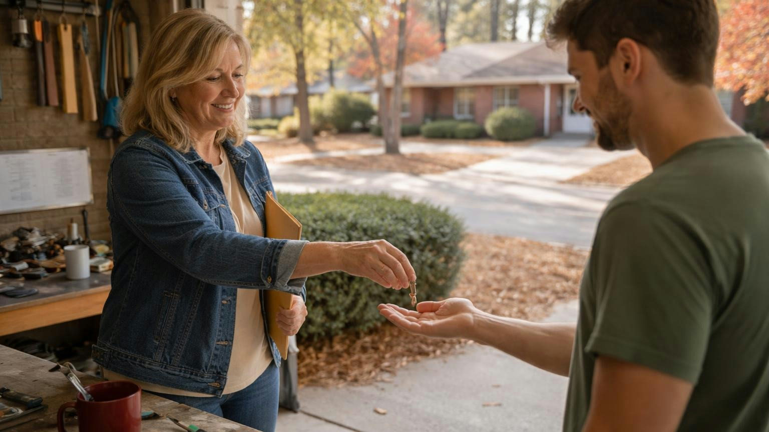 A woman in her fifties drops a spare key into the open palm of a younger neighbor at a garage workbench on an autumn afternoon, a closed folder under her arm, both smiling slightly, no readable text