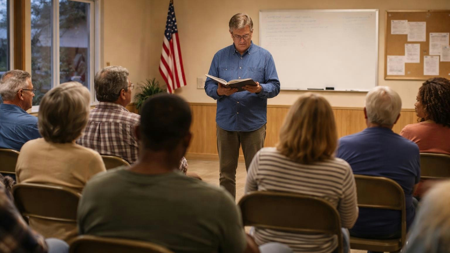 A lone director stands at the front of a small community room, reading from a thin bound booklet held open in one hand, a handful of neighbors seated in folding chairs listening, evening light, no readable text