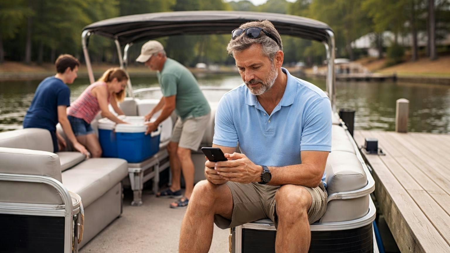 A board member on a pontoon boat tied at a lake dock on a Saturday afternoon, reading his phone with its screen turned away from the camera while his family loads a cooler aboard, no readable text