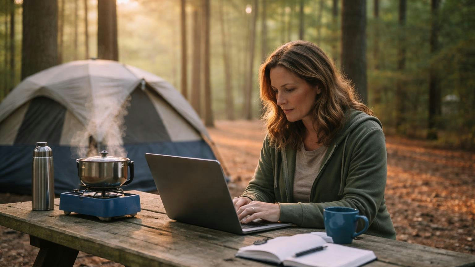 **Hours or days apart.** Five directors answering one thread from five different places is not a meeting. A woman in her forties at a picnic table beside a tent at a pine-shaded state park campsite at dawn, typing on a laptop with its screen turned away from the camera, a camp stove steaming beside her, no readable text