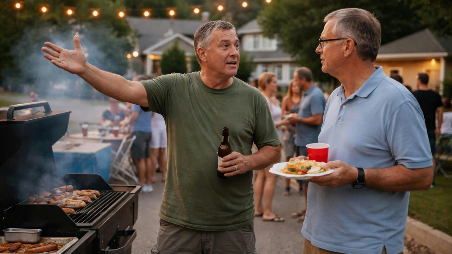 **It will be argued somewhere.** Better at a meeting where owners get their turn than at the cookout afterward. Neighbors gathered around a backyard grill at a cul-de-sac cookout on a summer evening, one man talking with an open hand toward the street while a board member listens holding a paper plate, string lights overhead, no readable text