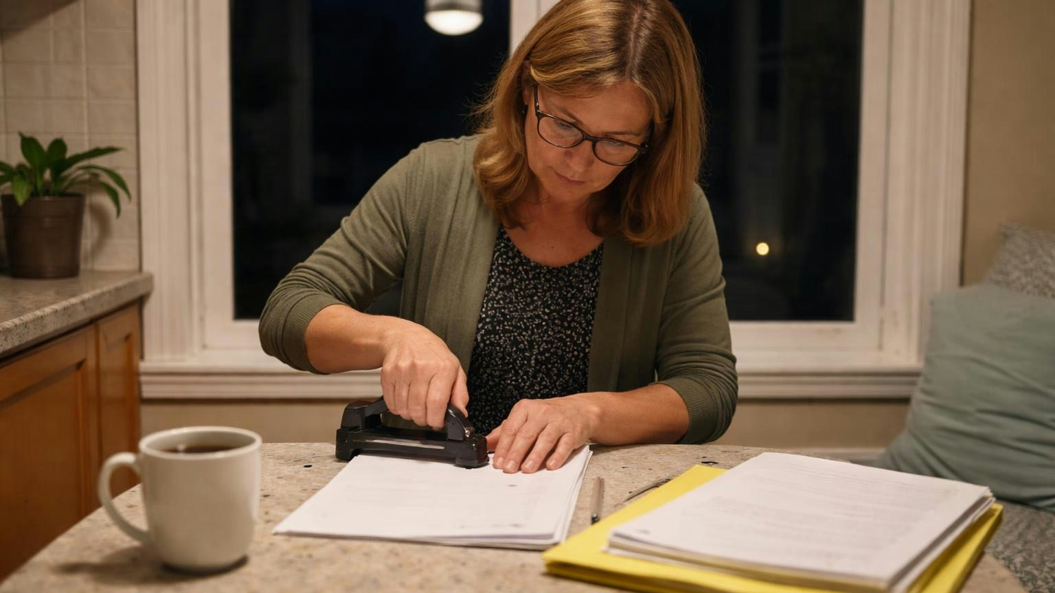 **Out of the inbox.** Printed, punched and filed, a consent outlives the email account it arrived in. A board secretary in a breakfast nook late at night pressing a hole punch through a few pages lying blank side up, a slim open folder and a mug of tea beside her, the window dark behind her, no readable text