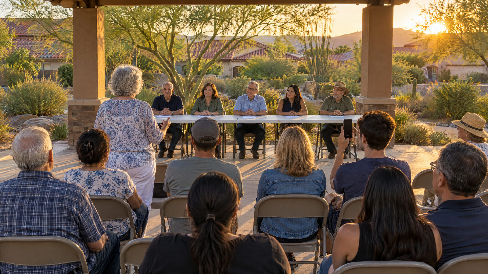 Neighbors in folding chairs under a shaded community ramada at golden hour as a woman stands to speak to the board and a young man records on his phone