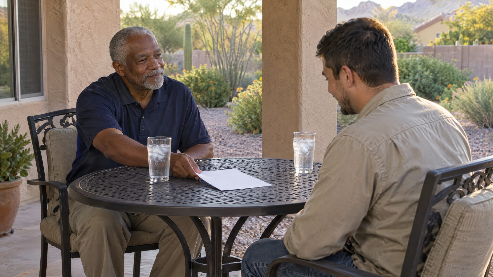 **A plan before a foreclosure.** Arizona puts an overdue notice, a certified letter and a payment plan offer between a missed payment and any foreclosure. A board treasurer and a homeowner at a shaded backyard patio table, the treasurer sliding a single blank sheet across as the homeowner listens