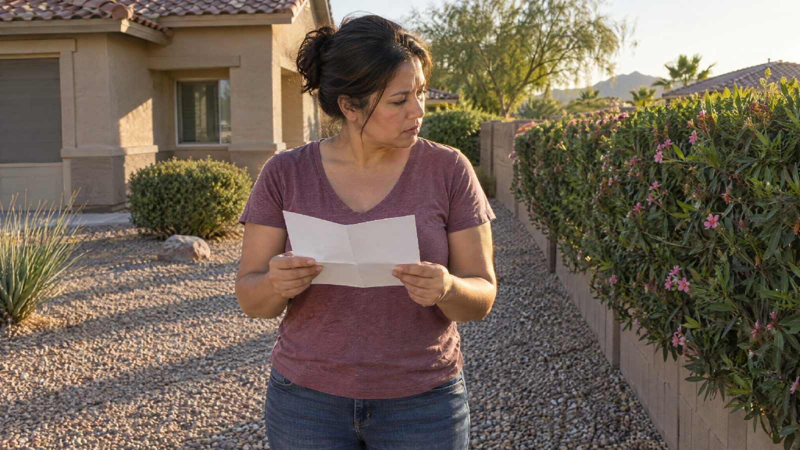 **The owner gets to answer.** An owner may answer a violation notice by certified mail within 21 days, and the association owes a written reply within 10 business days. A homeowner standing in her gravel front yard holding a folded letter, looking from it to the trimmed oleander hedge it concerns