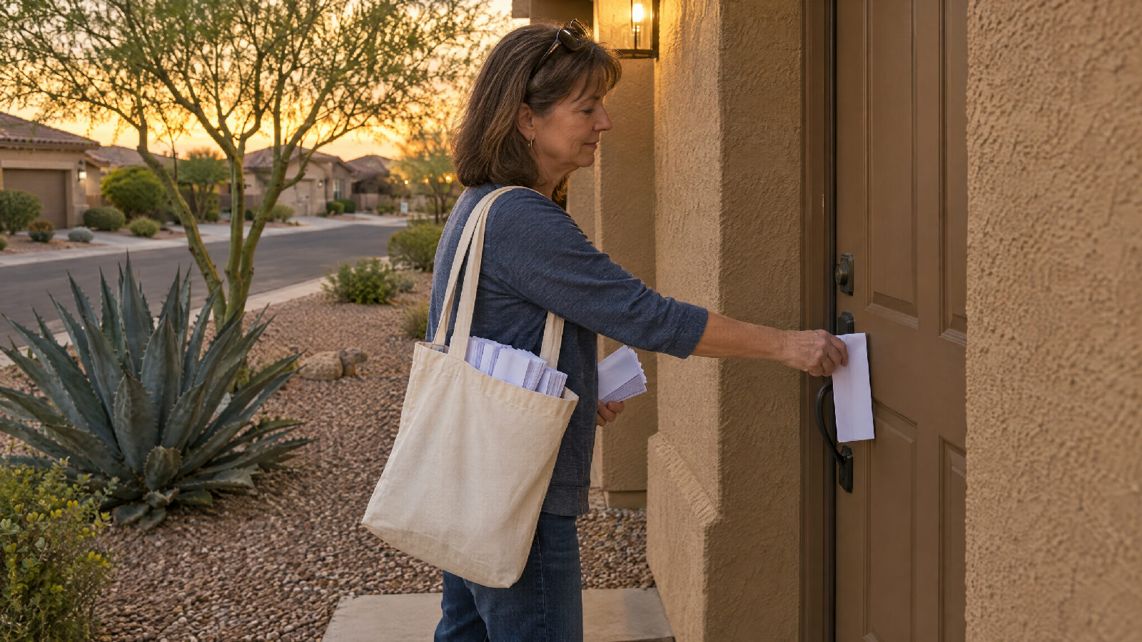 **Forty-eight hours, by any reasonable means.** Notice of a board meeting and its agenda reaches members at least 48 hours ahead, by posting, newsletter or other reasonable means. A board member hanging a folded blank flyer on the front door handle of a stucco home in early evening, gravel yard and agave behind her