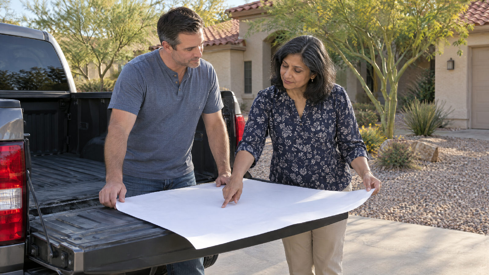 **A director in the chair.** Every architectural committee includes a board member who chairs it, and approval of a project's plans may not be unreasonably withheld. A homeowner and a board member at the open tailgate of a pickup in a driveway, unrolling a large blank sheet of plans together, a stucco home behind