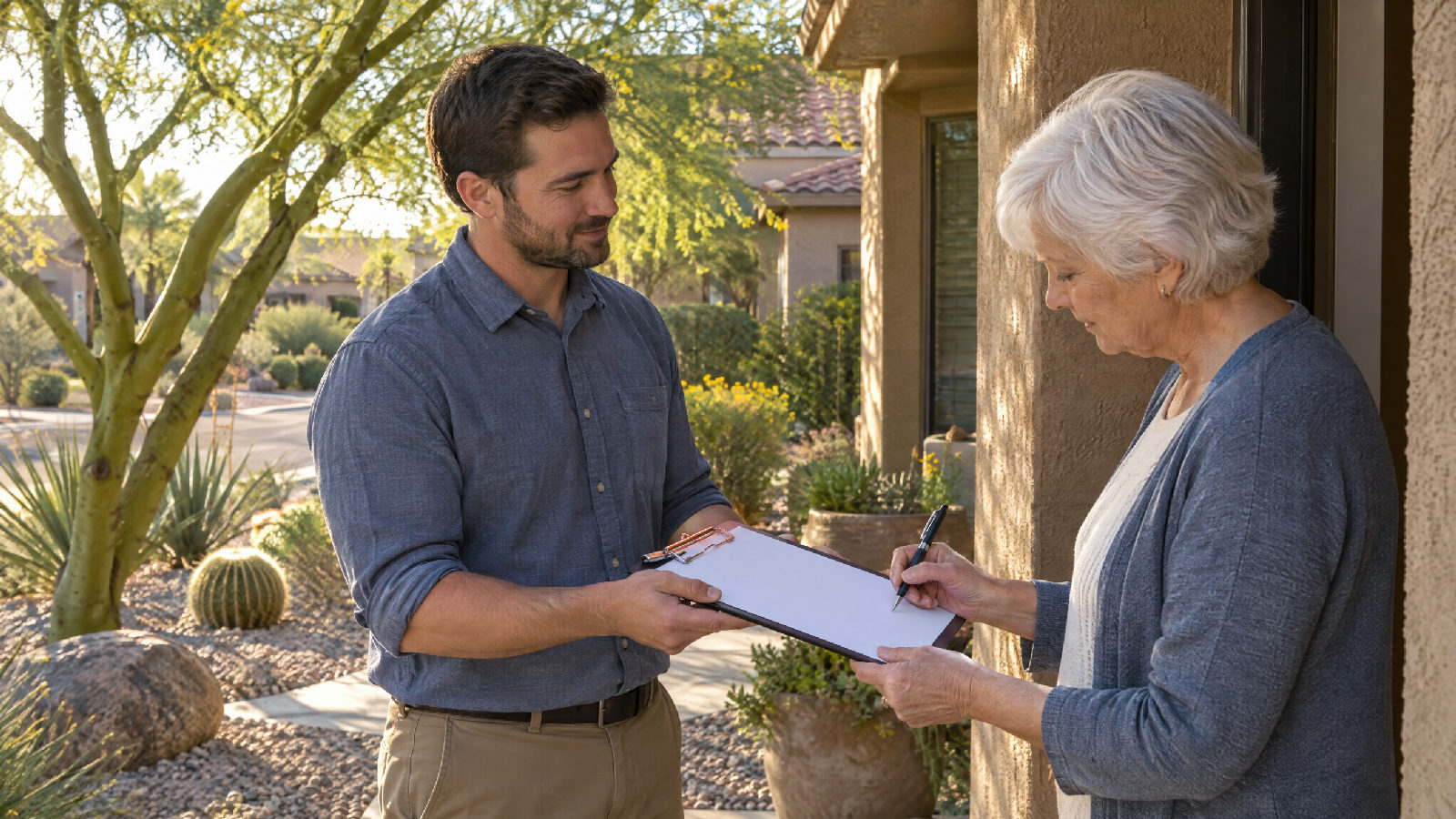 **The petition the board must answer.** A valid removal petition obliges the board to call, notice and hold a special meeting within 30 days. A homeowner on a neighbor's front step holding out a clipboard of blank paper while the neighbor signs it
