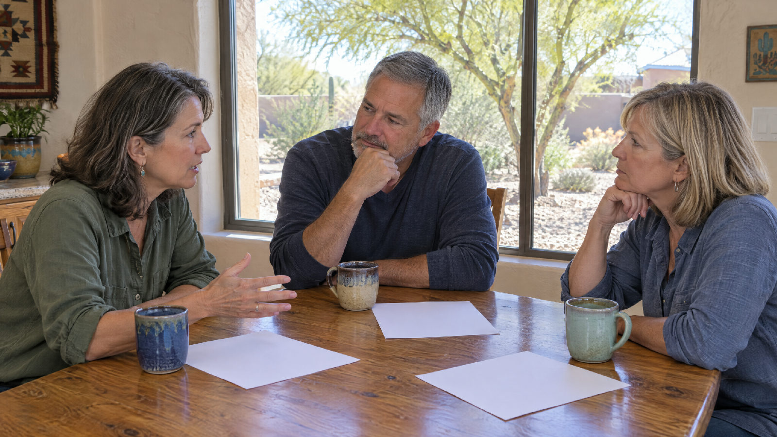 **A workshop is a meeting.** When a quorum of the board talks association business, Arizona's open meeting and notice rules apply, vote or no vote. Three neighbors seated around a kitchen table on a bright Saturday morning, coffee mugs and a few blank sheets between them, one leaning in to make a point