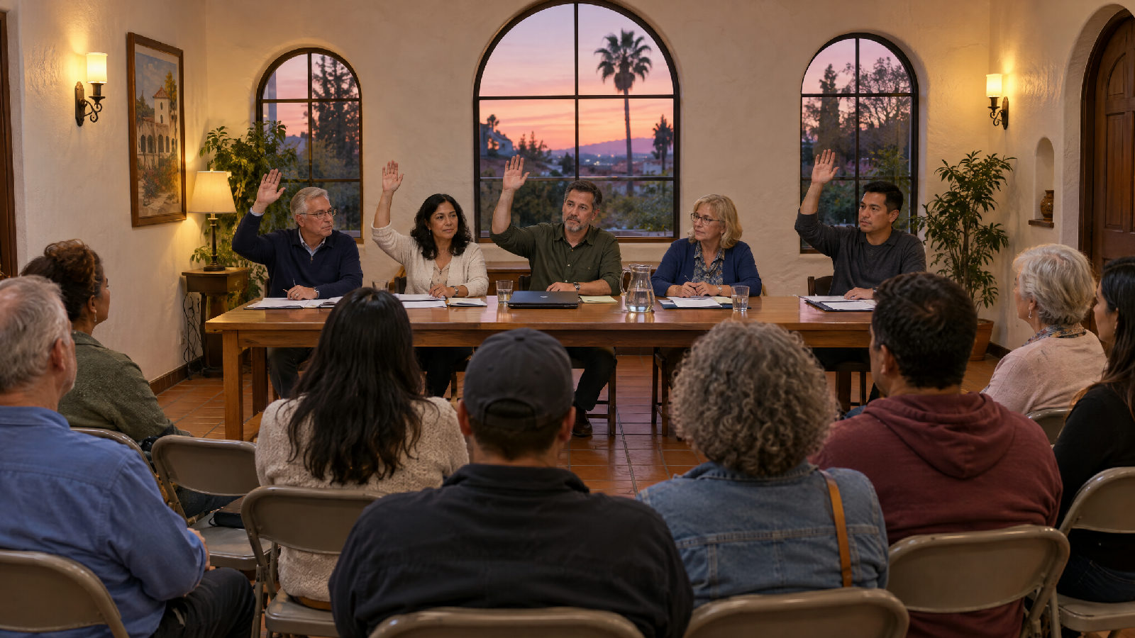 Five board members around a table in a California clubhouse with arched windows at dusk, voting by show of hands while neighbours watch from folding chairs