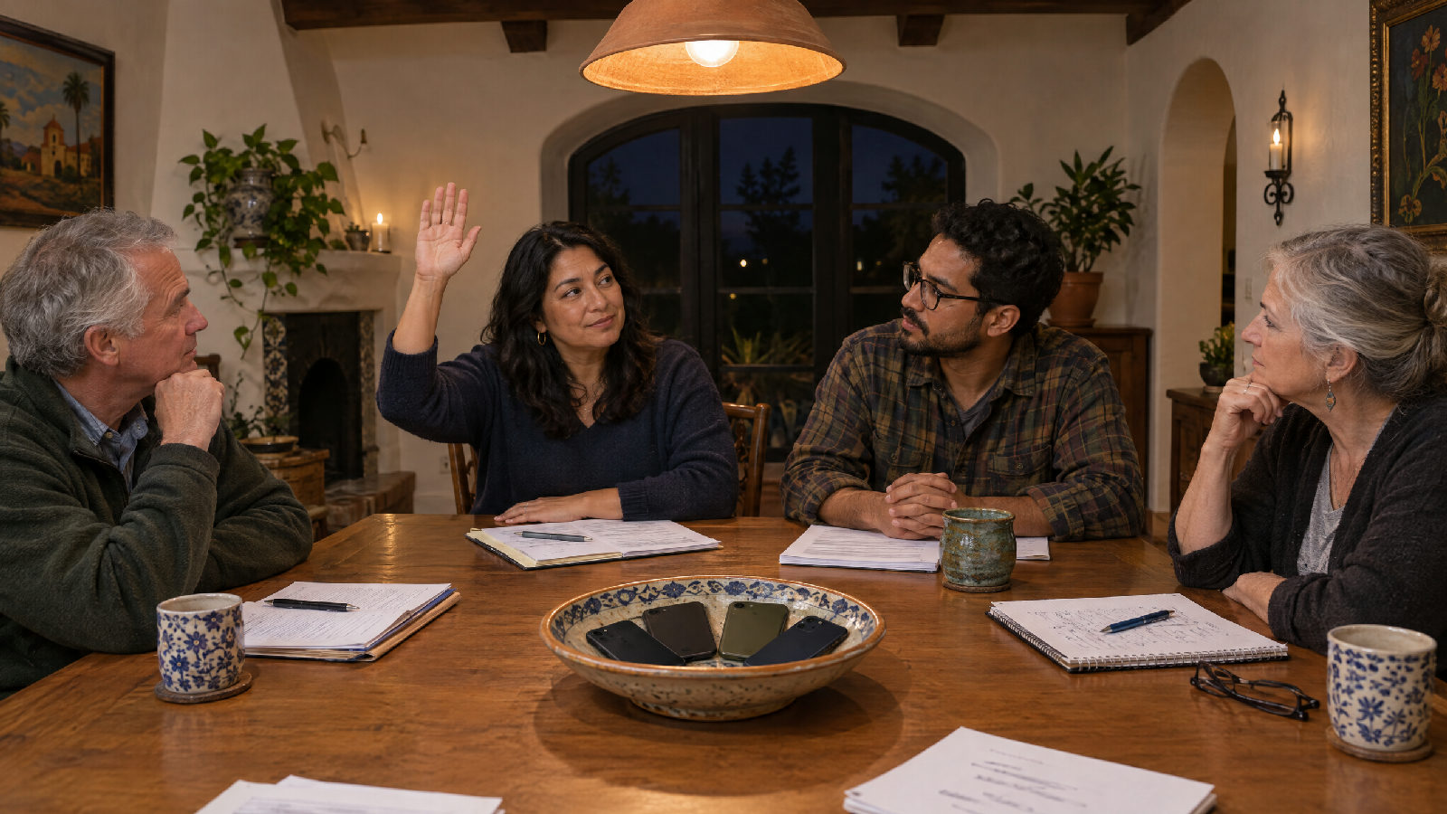 Four board members at a dining table in a Spanish-style living room, their phones set face down in a bowl, one raising her hand to vote