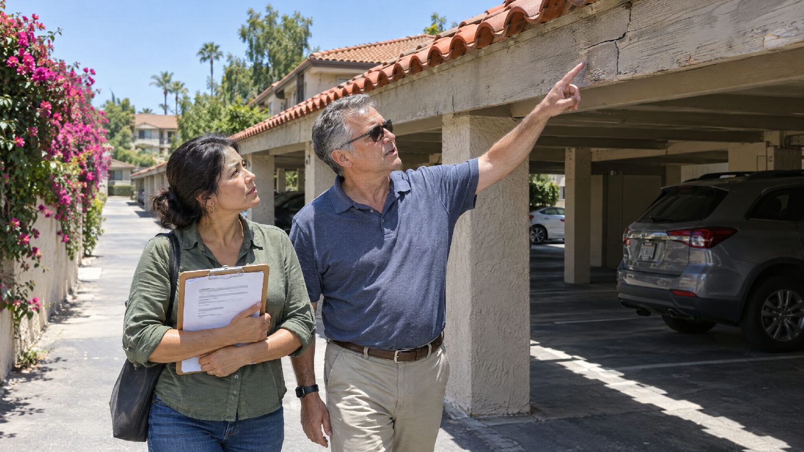 Two board members walking sunlit stucco carports under a tile roof, one pointing at cracked fascia, the other holding a clipboard to her chest
