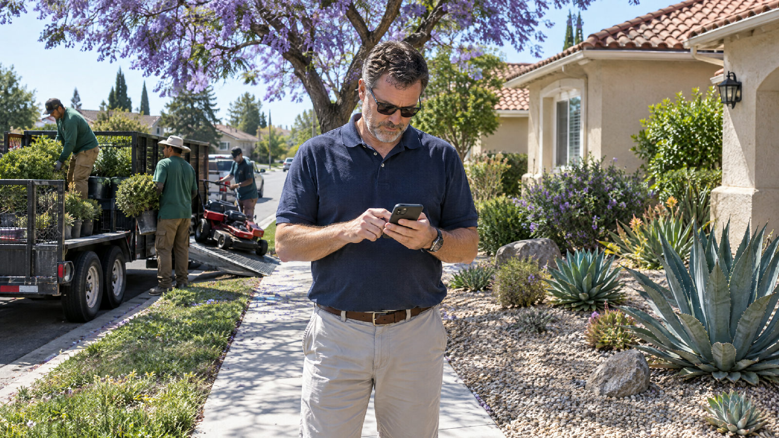 A board member on a sunny front walk under a jacaranda tapping a reply on his phone while a landscaping crew unloads a trailer at the curb