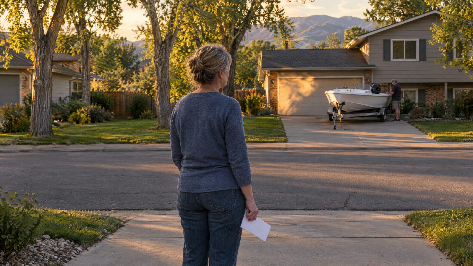 A board member at the end of her driveway in early evening holding a plain envelope, looking across the street at a boat trailer parked in a neighbor's driveway, foothills beyond