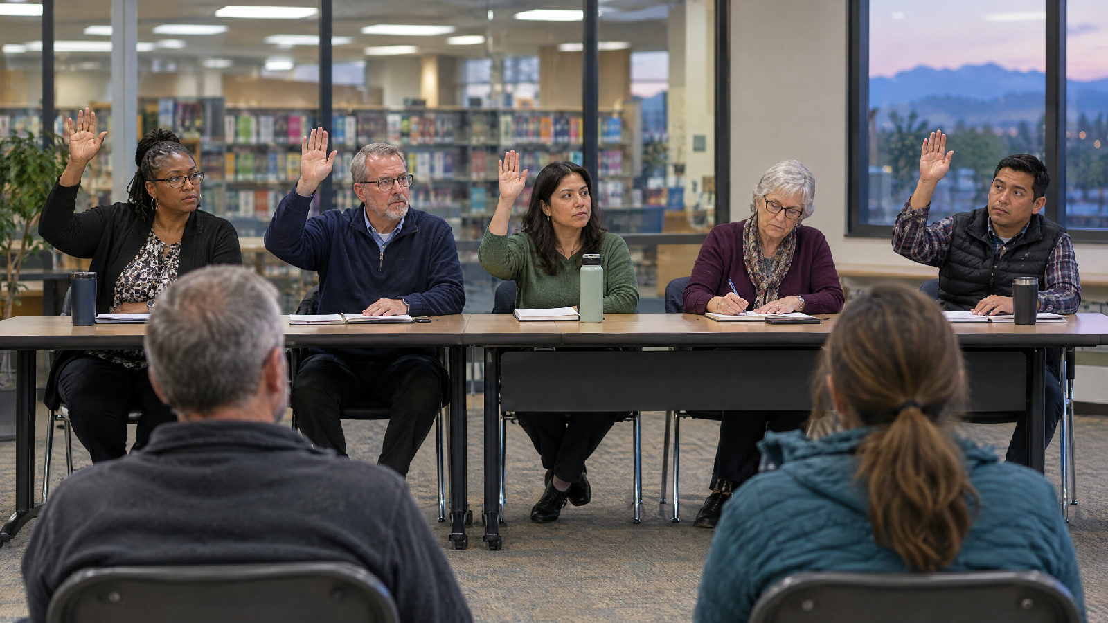 **A vote on the record.** No account goes to a collection agency or lawyer until a board majority votes to send it, at a meeting. Five board members at a long table in a public library meeting room on a weeknight, three raising their hands in a vote while two owners in the front row watch