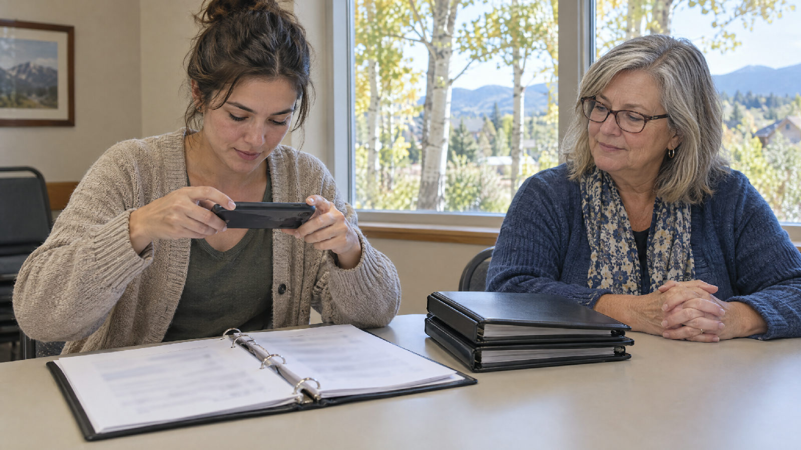 **The records, on request.** An owner may inspect and copy the association's records, and the association may not ask why. A homeowner photographing the pages of an open meeting binder with her phone at a clubhouse table while a board secretary sits beside her, hands folded, waiting
