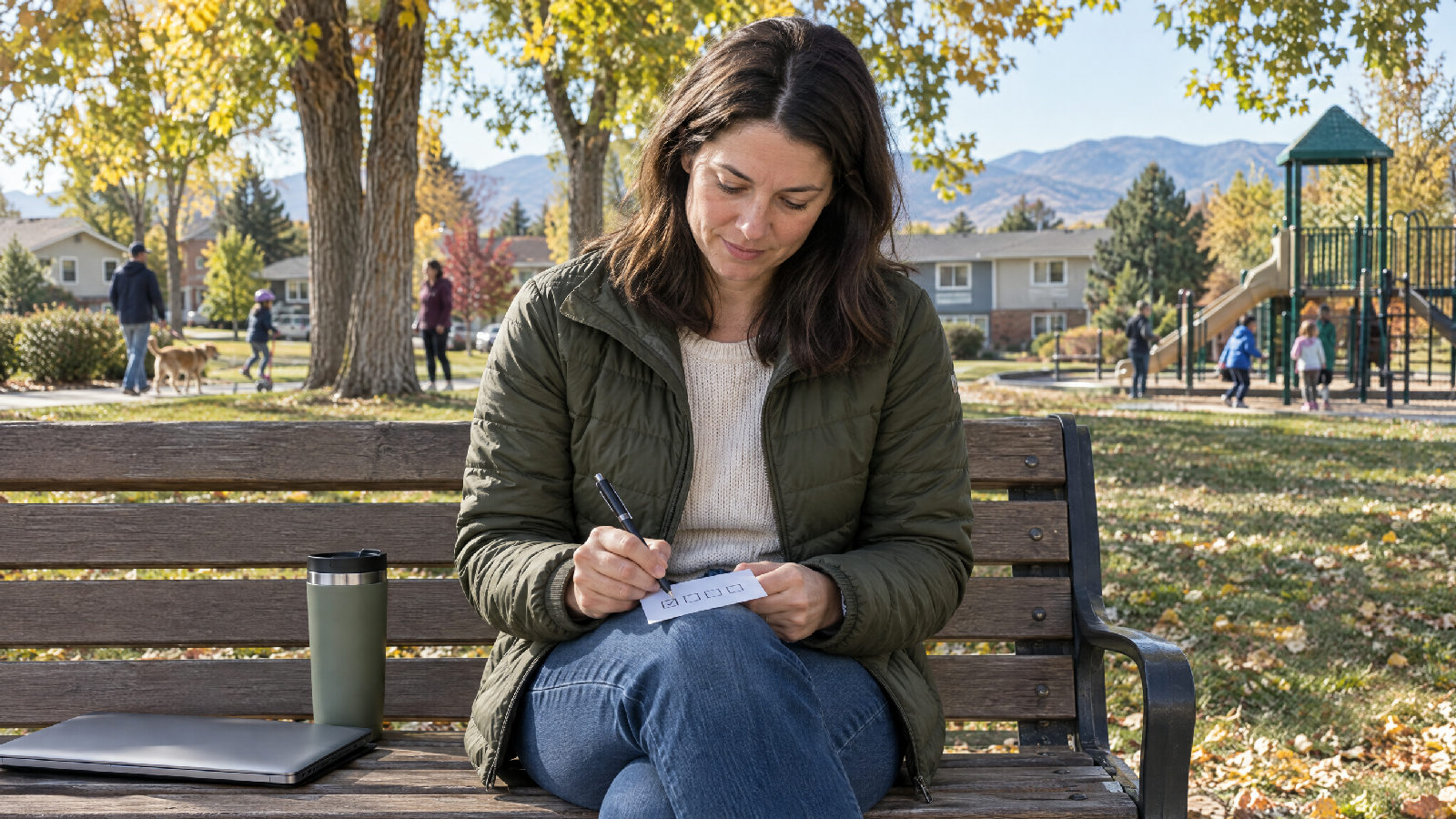 **Checking the paper trail.** Registration, the fine letter and the nine policies: checks a board can finish in a morning. A board member on a park bench under cottonwoods on a weekday morning, a closed laptop beside her, ticking empty boxes on a small blank card with a pen