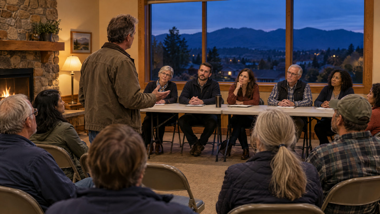 **Owners speak before the vote.** Colorado gives owners the floor on an issue before the board decides it. Neighbors in folding chairs in a clubhouse with a stone fireplace on a weekday evening, a man standing to speak to five board members seated at a table, foothills dark in the window