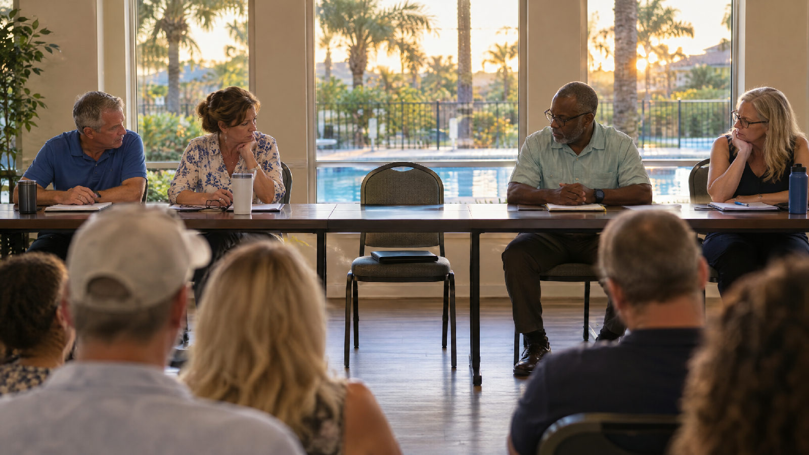 A Florida HOA board meeting in a clubhouse at dusk, four directors at the table and one chair empty with a closed folder on its seat, neighbors watching