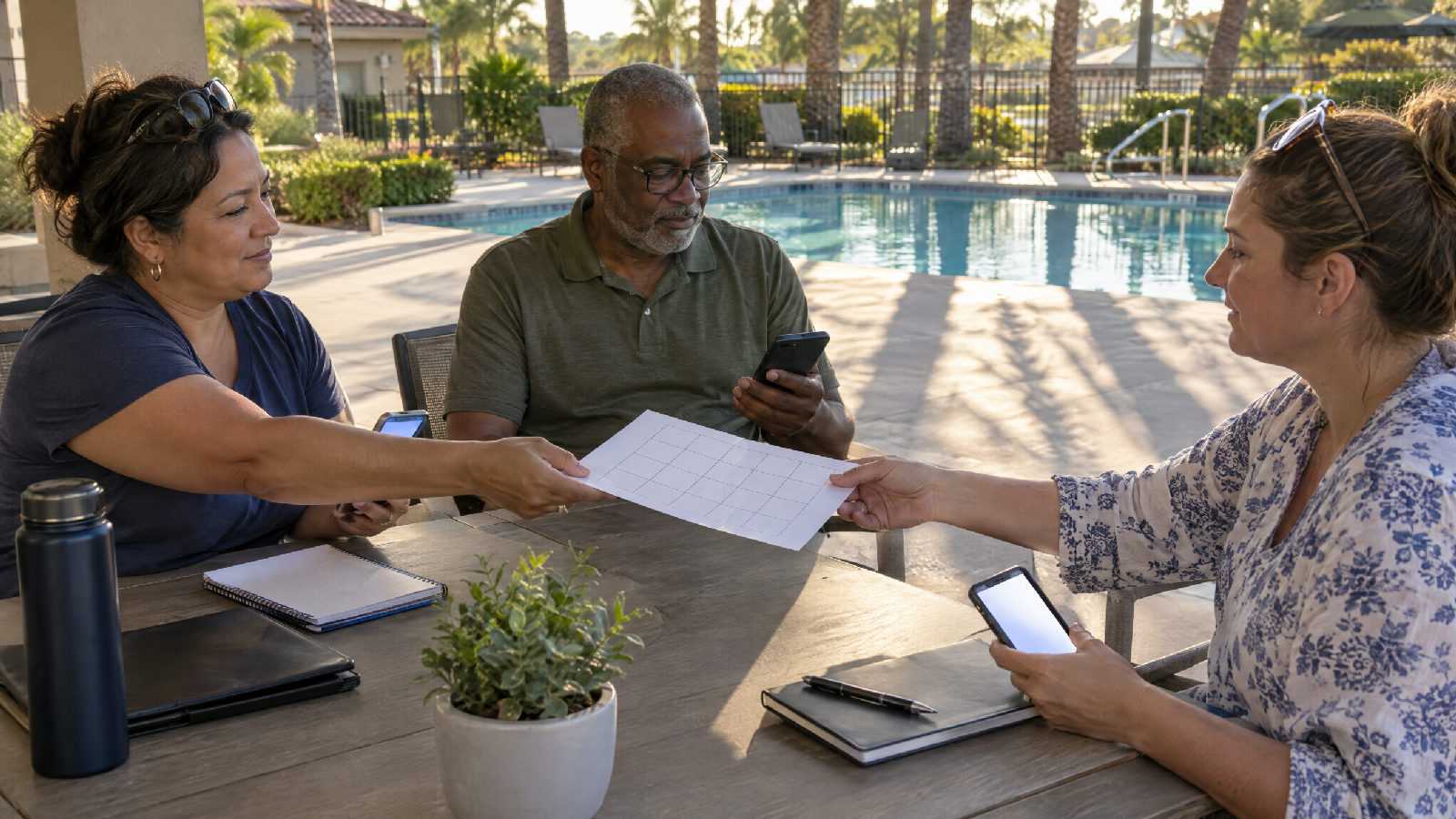 Three board members at a shaded poolside table in late afternoon, phones in hand, one passing a sheet of empty squares across the table