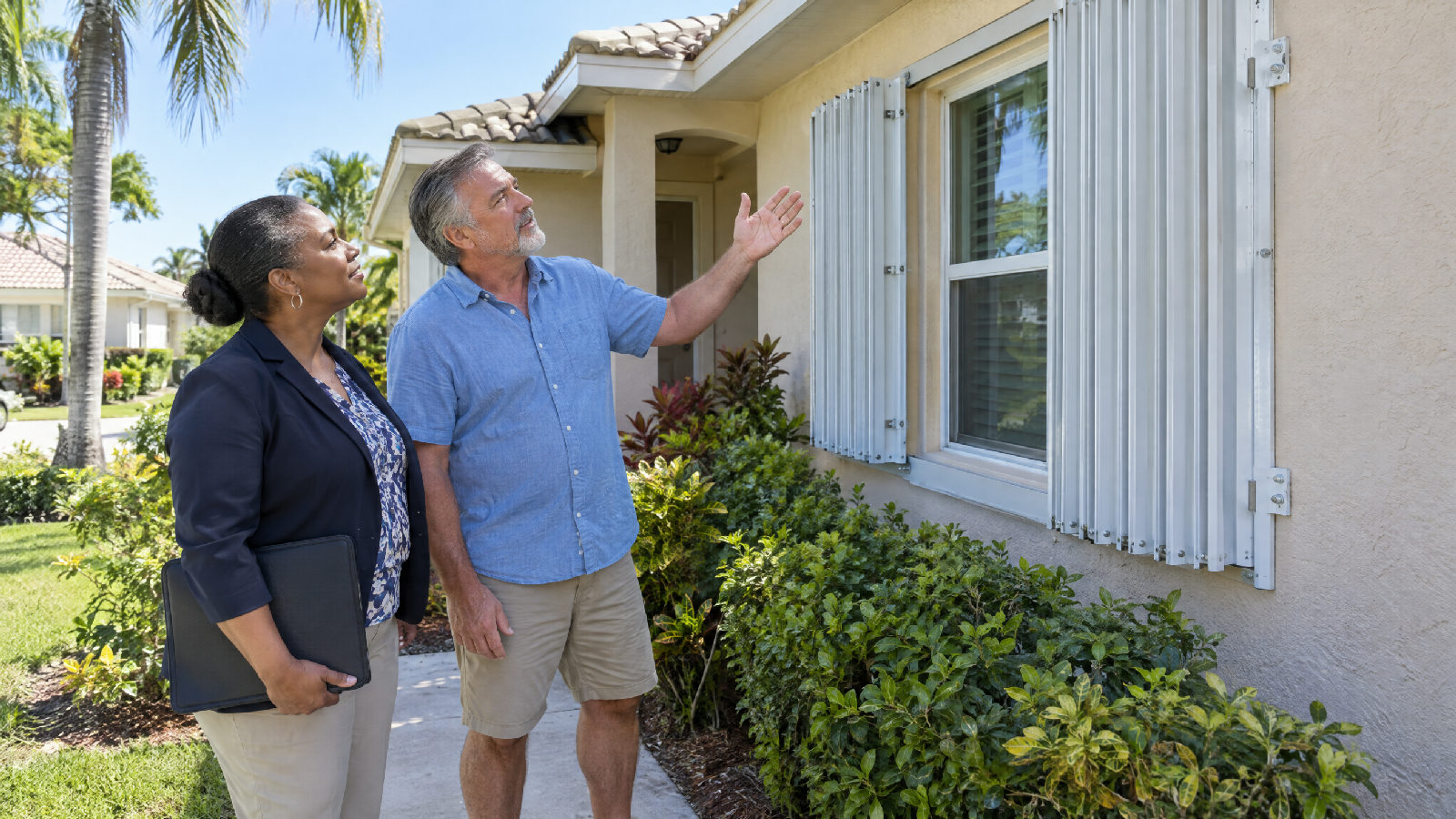 A homeowner and a board member on a front walk looking at new hurricane shutters on a Florida stucco home, a closed folder in her hand